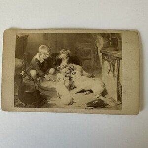 Antique CDV Card E. Landseer The Breakfast Party 1880s 4”x2.5”